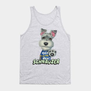 Cute Schnauzer Dog posing with talk to the paw on Schnauzer Wearing Blue Top Tank Top